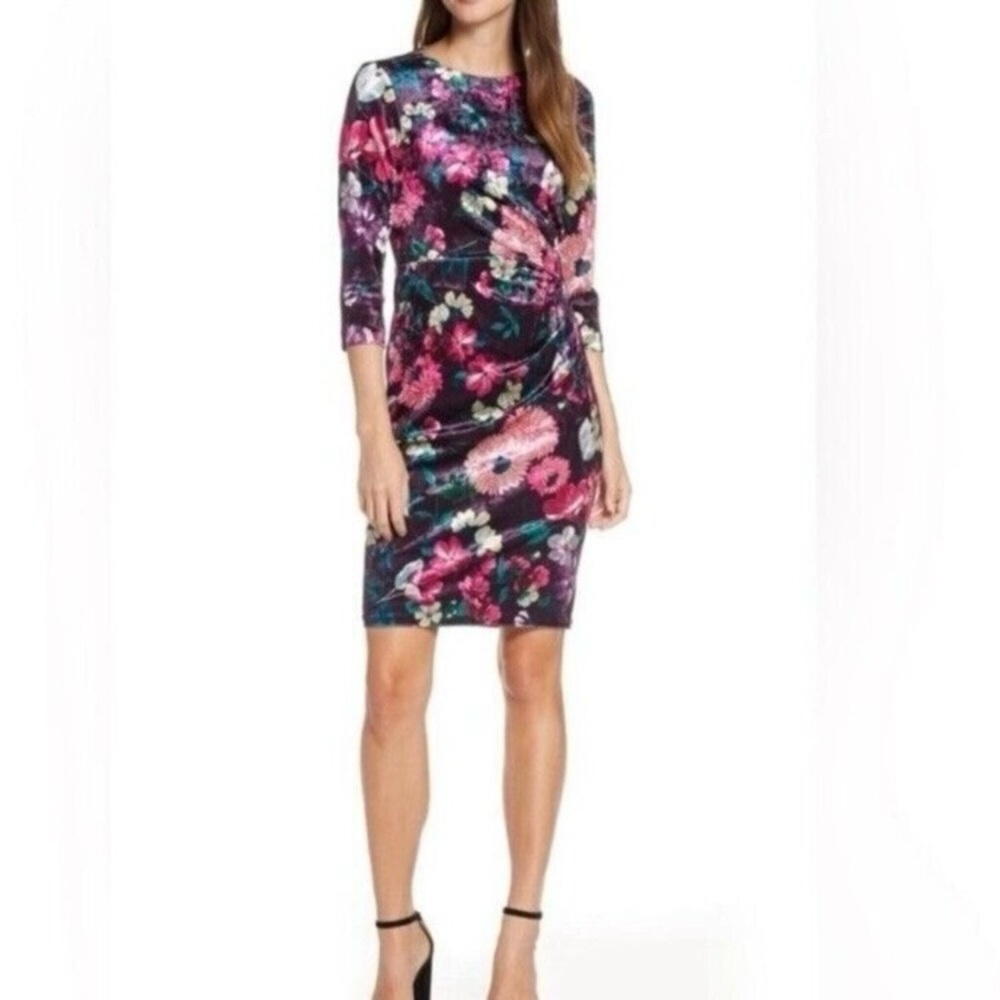 Eliza J Velvet Floral Ruched Waist Dress